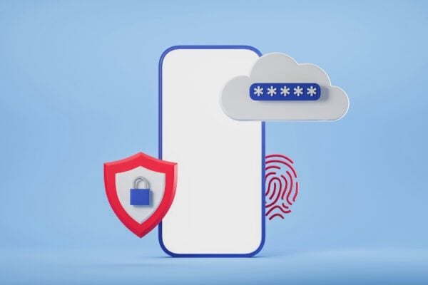 A graphic of a mobile phone overlayed with icons representing secure cloud storage