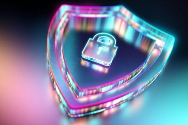 Graphic of a shield with a lock inside representing cybersecurity